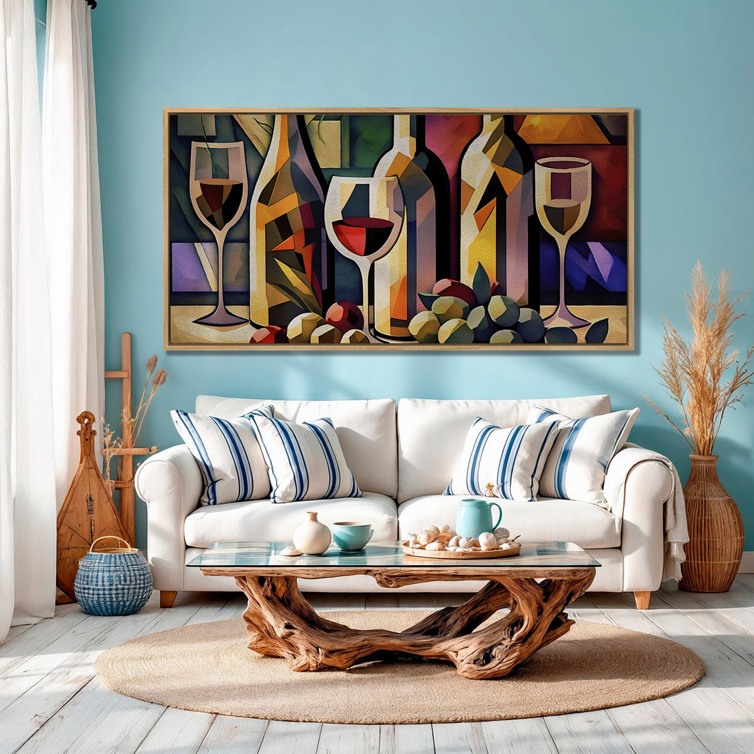 Framed Wall Art: Abstract wine bottles and glasses in a colorful, geometric style. Perfect for kitchen or dining room decor. Warm, inviting palette.