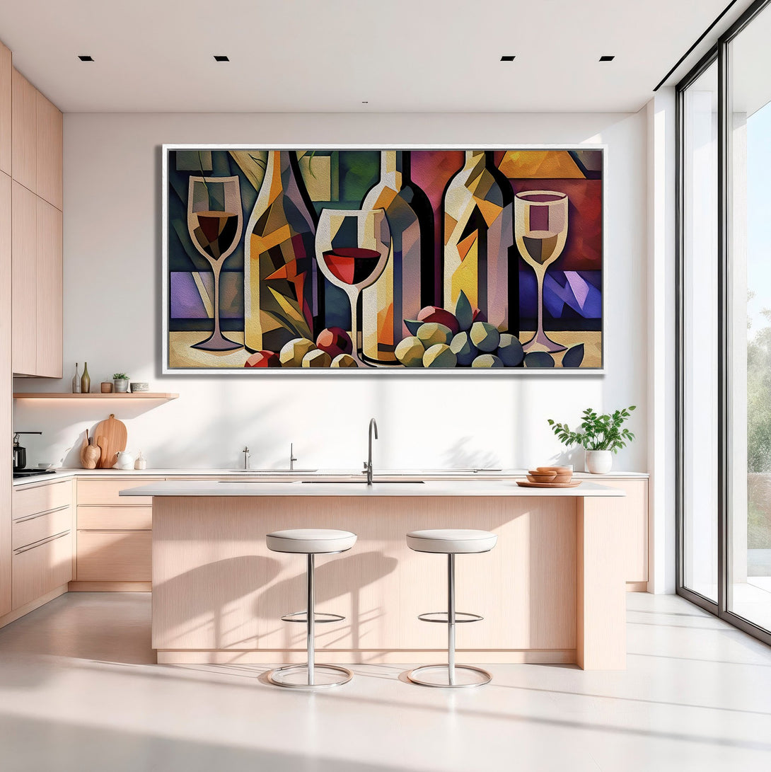 Framed Wall Art: Abstract wine still life in a modern kitchen. Vibrant colors and geometric style create a stylish focal point. Elevate your space!