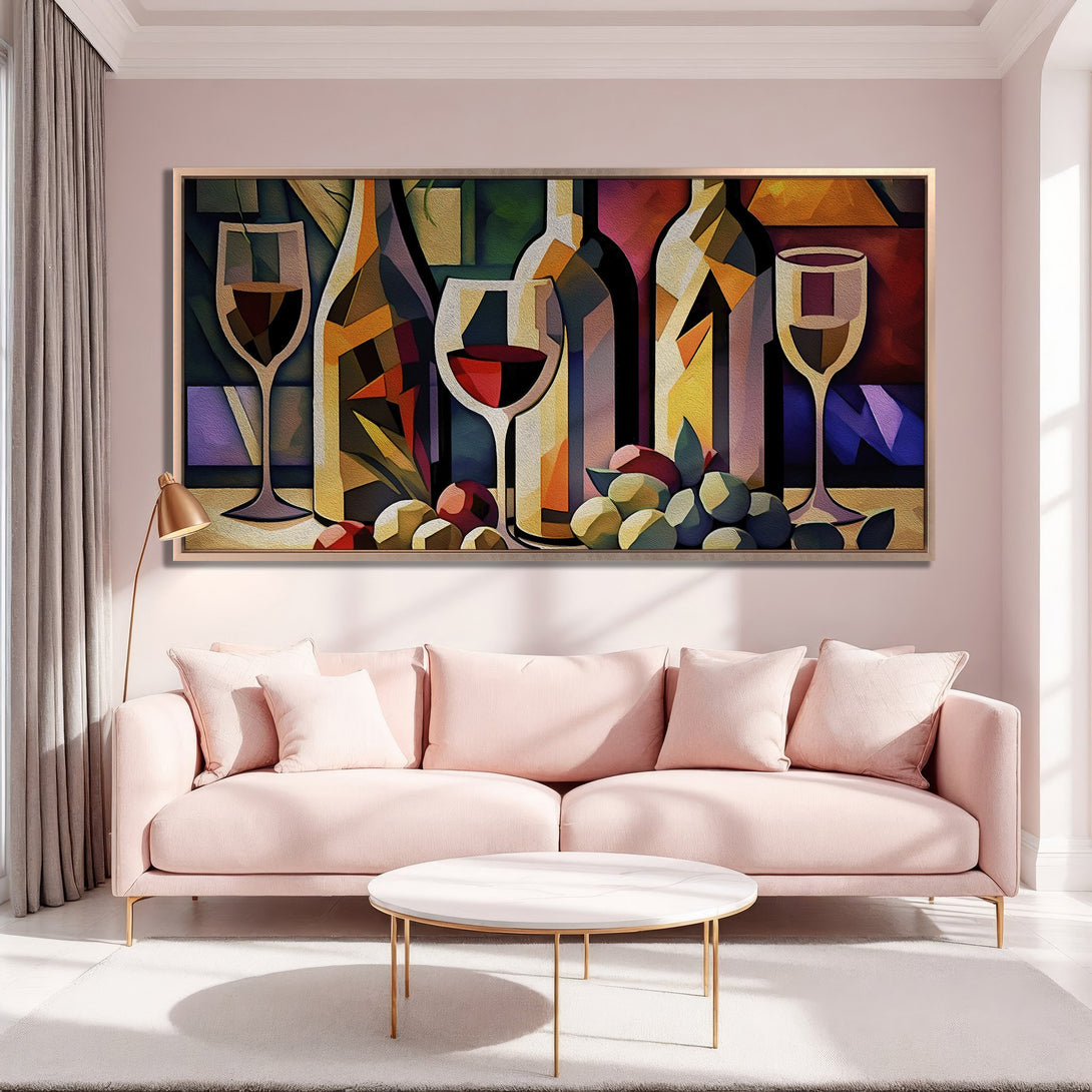 Framed Wall Art: Abstract wine still life in warm tones. Adds elegance to any space. Perfect for dining rooms or kitchens.