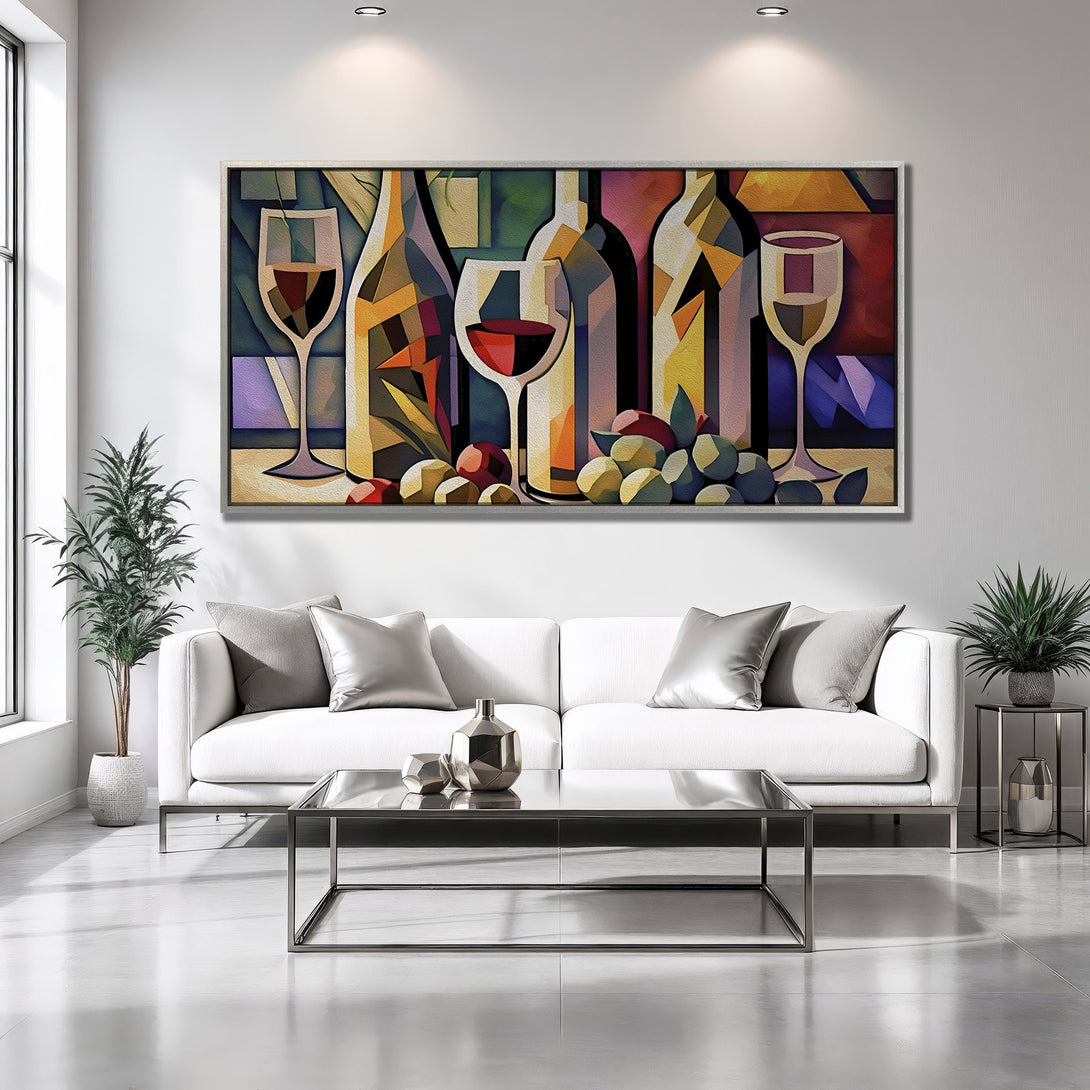 Framed Wall Art featuring a vibrant wine still life in a modern, geometric style. Adds a pop of color to any room with its warm, rich palette.