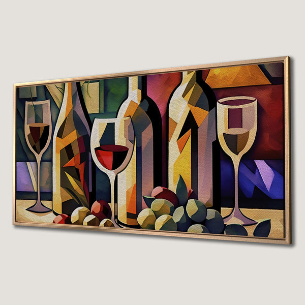 Framed Wall Art: Abstract wine bottles & glasses in a colorful, geometric style. Perfect for kitchen or dining room decor. Warm, inviting color palette.