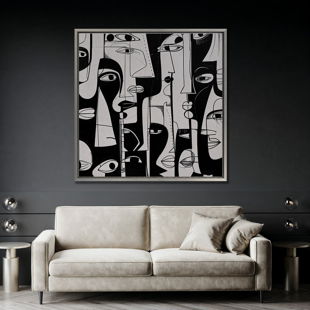 Framed Wall Art featuring abstract faces in black and white. Modern art Canvas Print with a minimalist style, perfect for any interior.