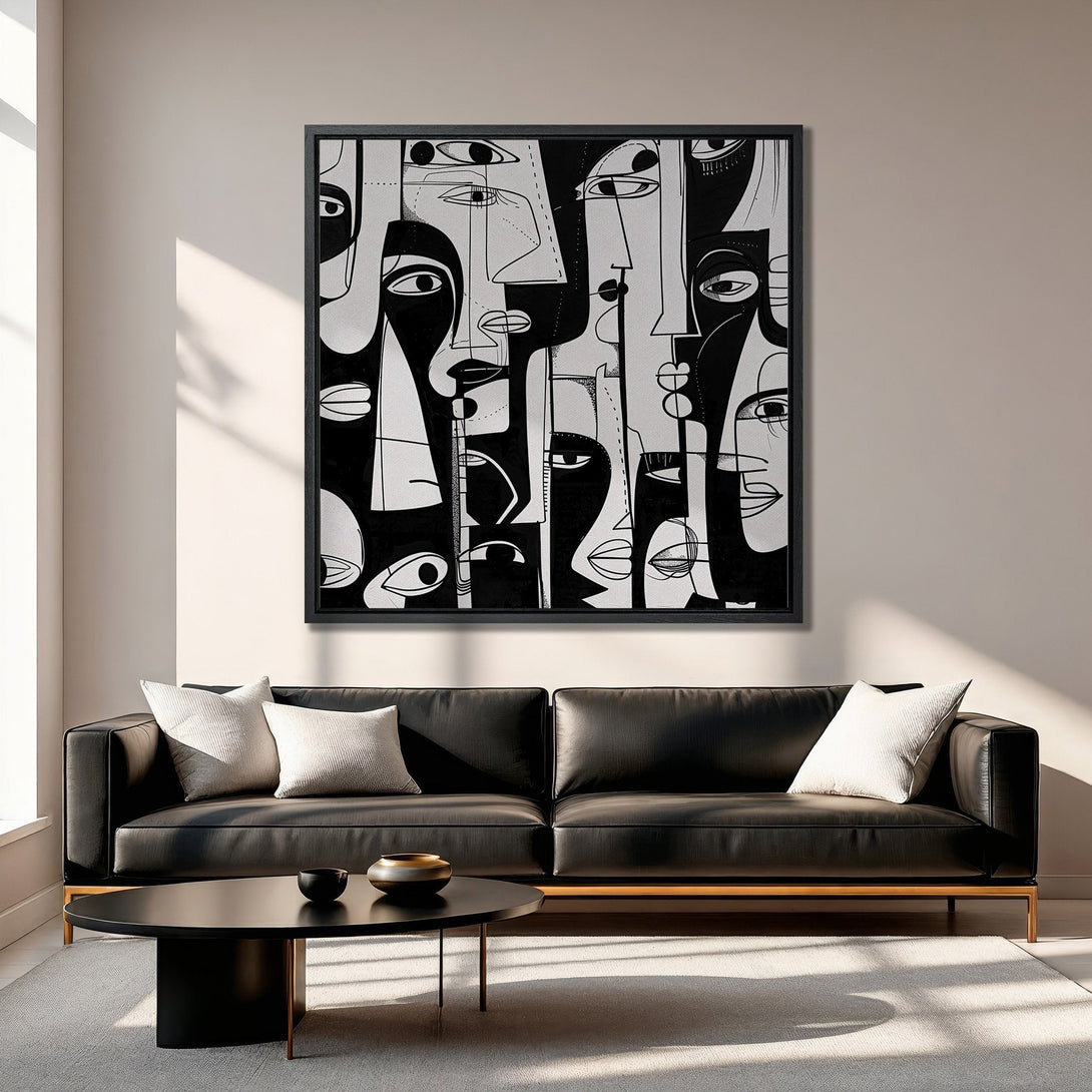 Framed Wall Art featuring abstract faces in black and white. Modern art Canvas Print perfect for living room decor.