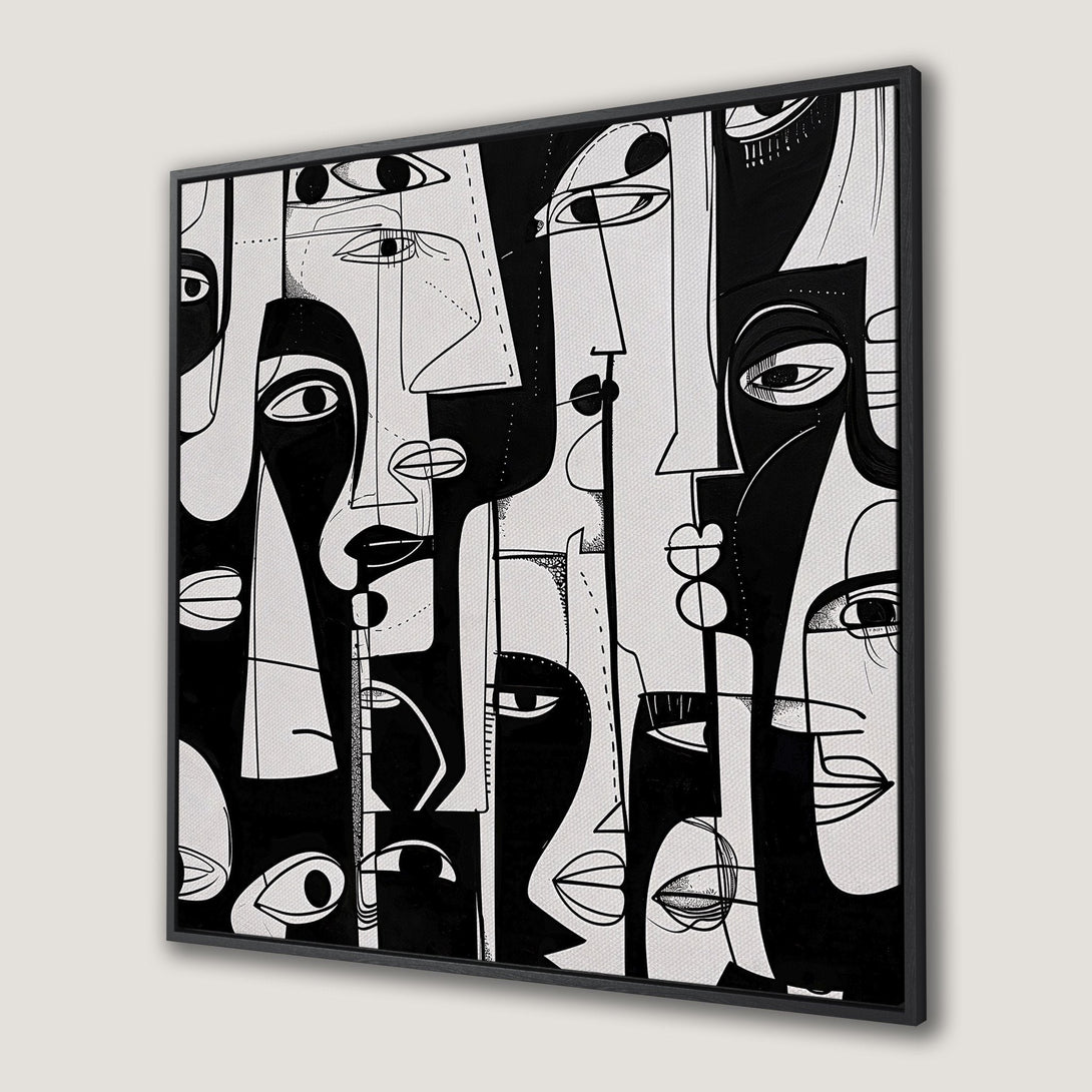 Framed Wall Art featuring abstract faces in a modern, minimalist style. Bold black and white color palette. Perfect for contemporary home decor.