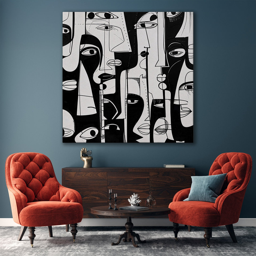 Framed Wall Art featuring abstract faces in a modern, minimalist style. Black and white artwork with a gold frame, perfect for contemporary home decor.