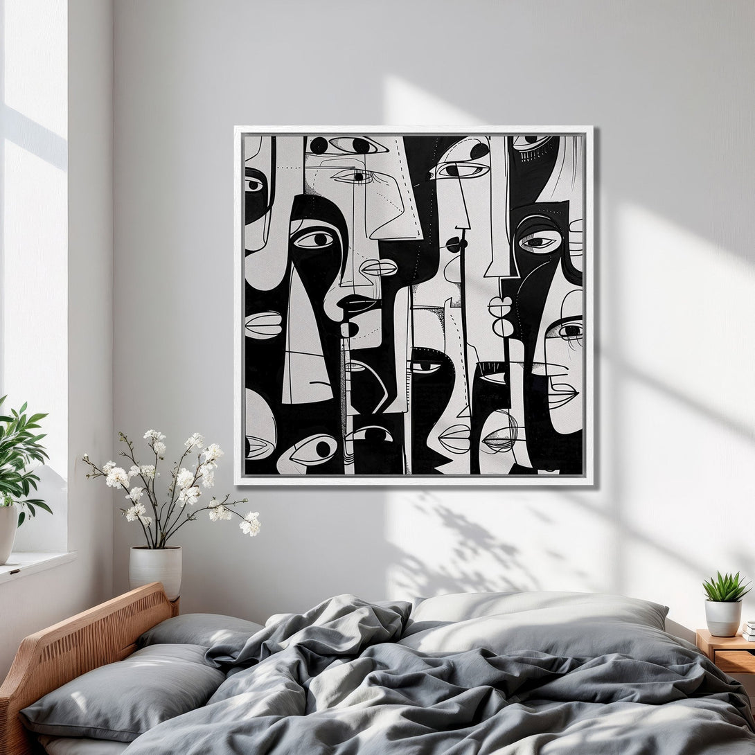 Framed Wall Art featuring abstract faces in black and white, perfect for modern bedroom decor. Add a touch of art to your space!