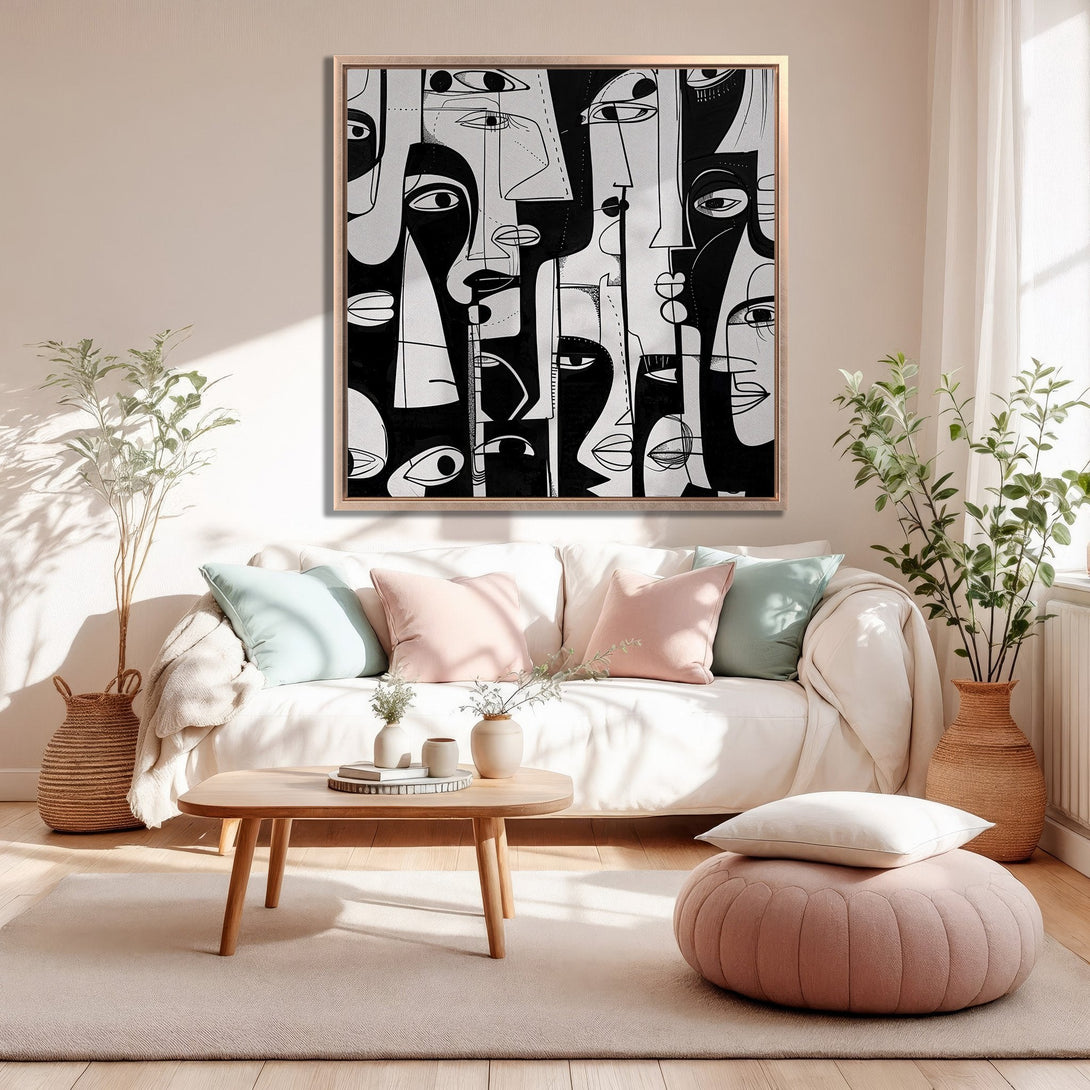 Framed Wall Art: Abstract faces in black and white, modern art style. Perfect for living room decor. Neutral color palette, stylish home accent.