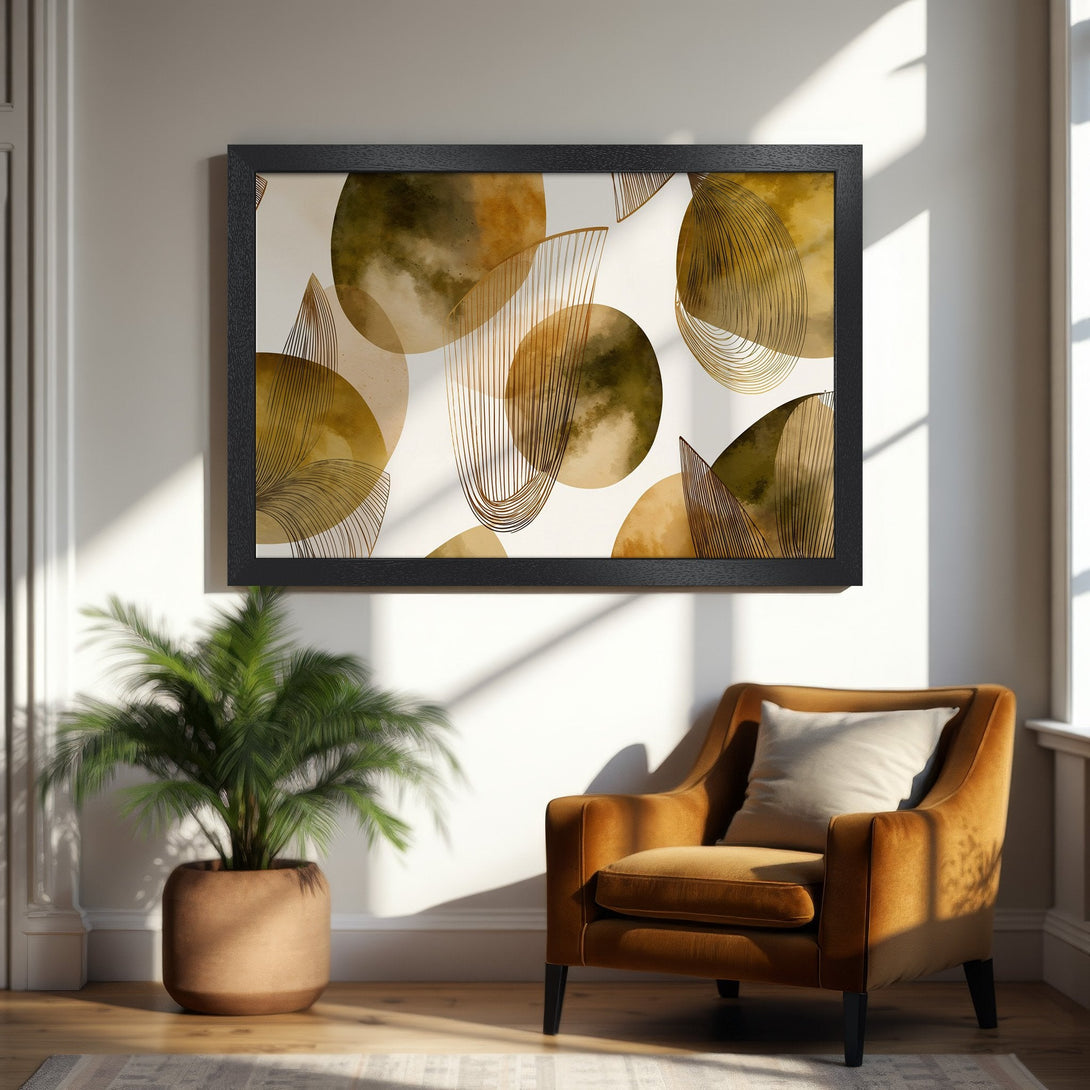 Framed Poster featuring abstract gold and olive shapes on a neutral background. Modern art print with a warm, inviting color palette.