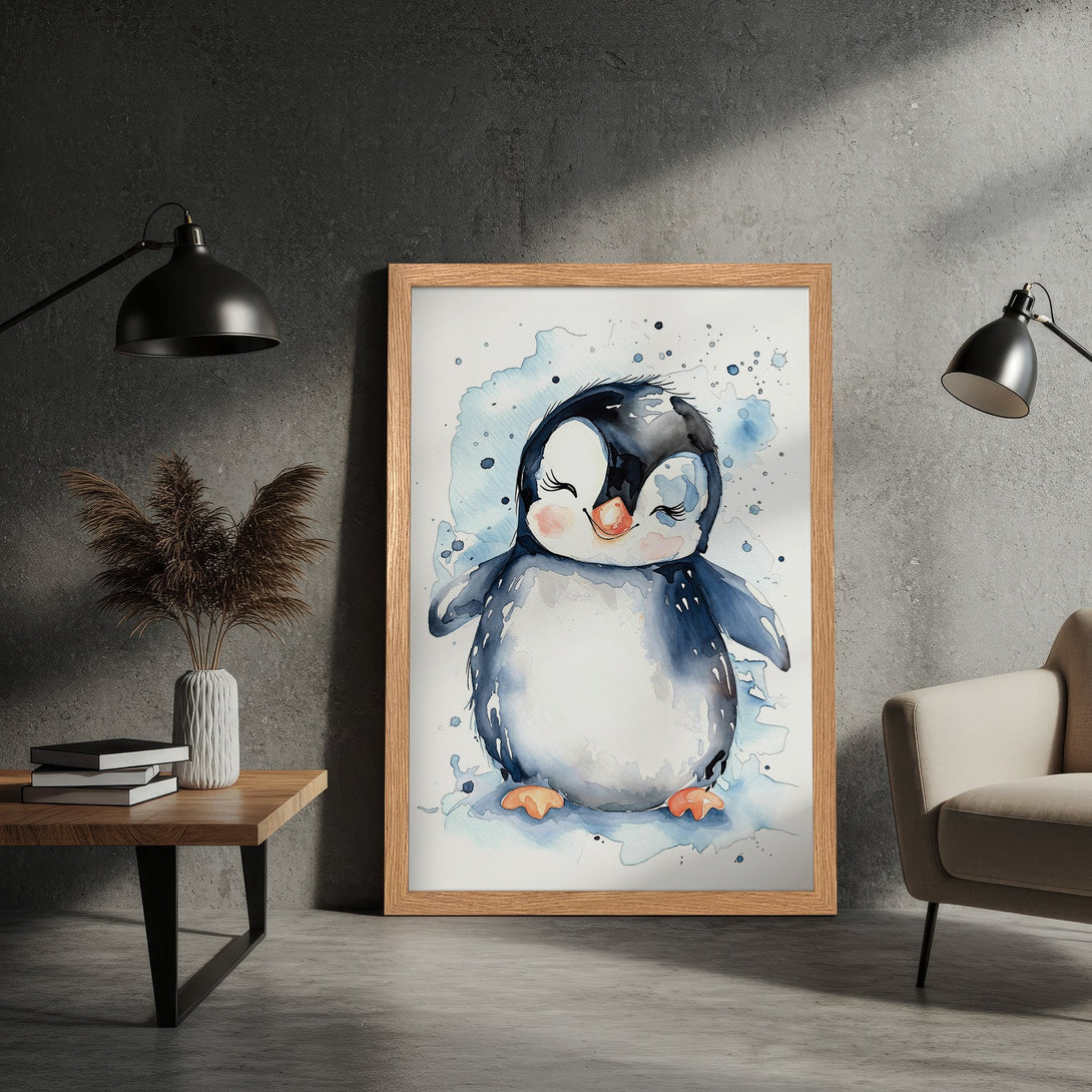 Framed Poster featuring a watercolor penguin illustration. Soft blue and gray tones create a calming aesthetic. Perfect for nursery decor!