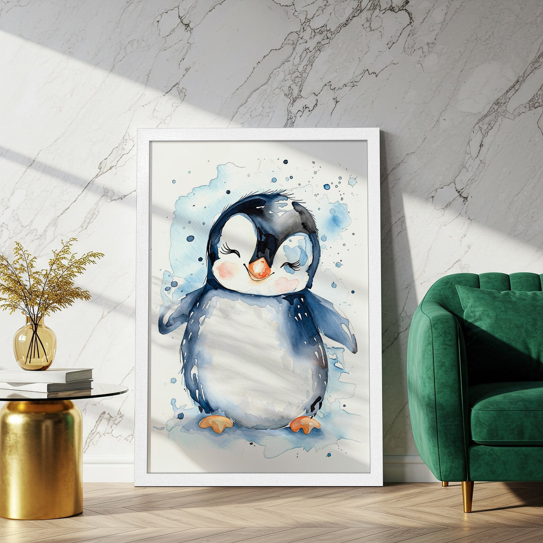 Framed Poster featuring a charming watercolor penguin. Blue, white, and orange color palette. Perfect for nursery decor!