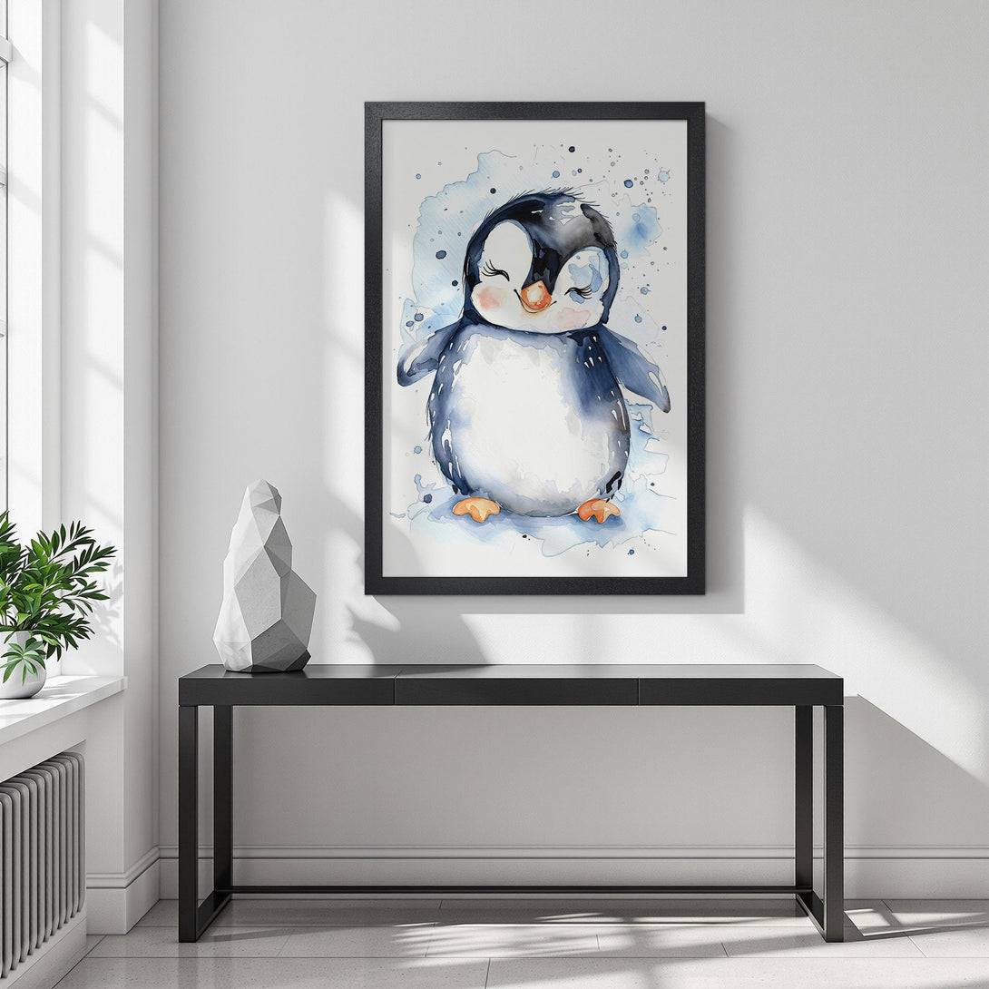 Framed Poster featuring a watercolor penguin in blue and white. Perfect for nursery decor!