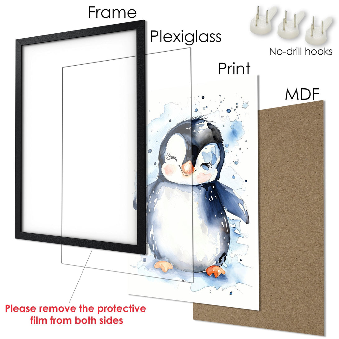 Framed Poster featuring a watercolor penguin in a black frame. Soft, blue color palette for nursery decor.