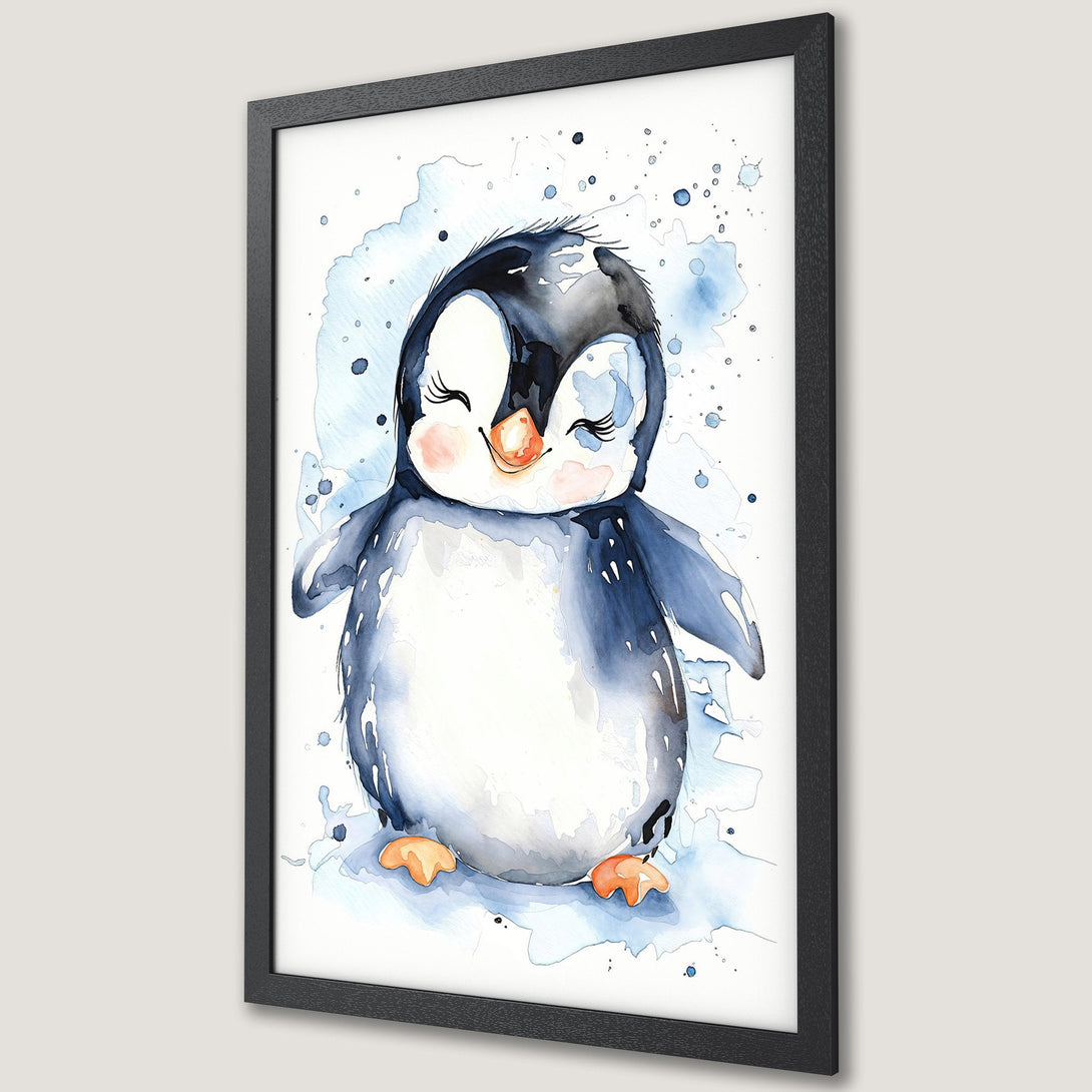 Framed Poster featuring a cute watercolor penguin in blue and white tones, perfect for nursery decor.