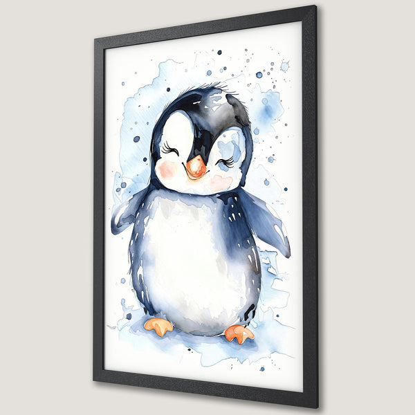 Framed Poster featuring a cute watercolor penguin in blue and white tones, perfect for nursery decor.