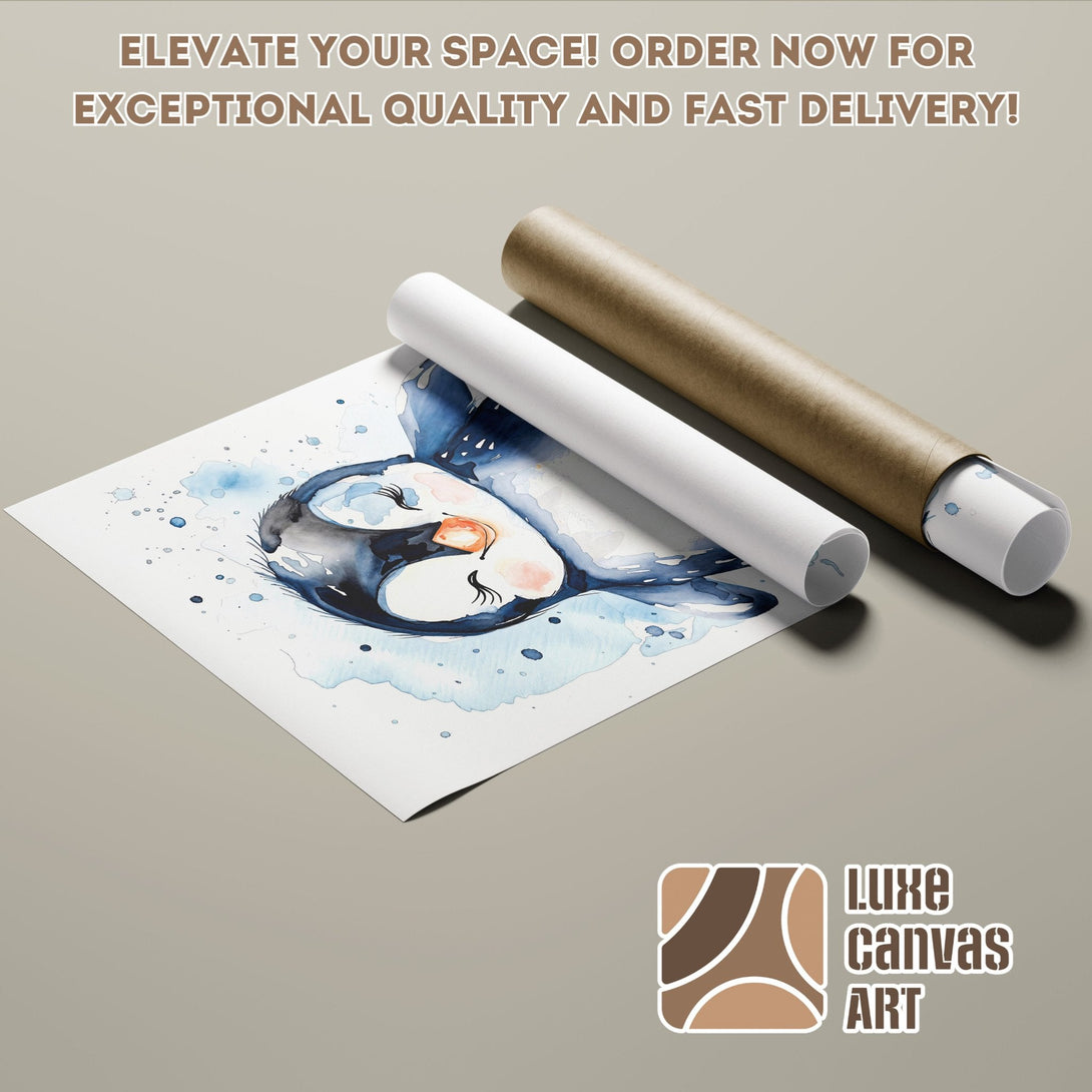 Watercolor penguin Poster Roll in blue & peach. Elevate your space with Luxe Canvas Art!