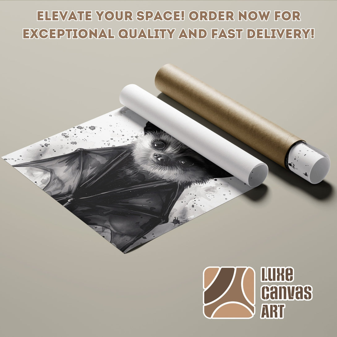 Poster Roll featuring a bat in watercolor style, black and white palette. Perfect art for your home!