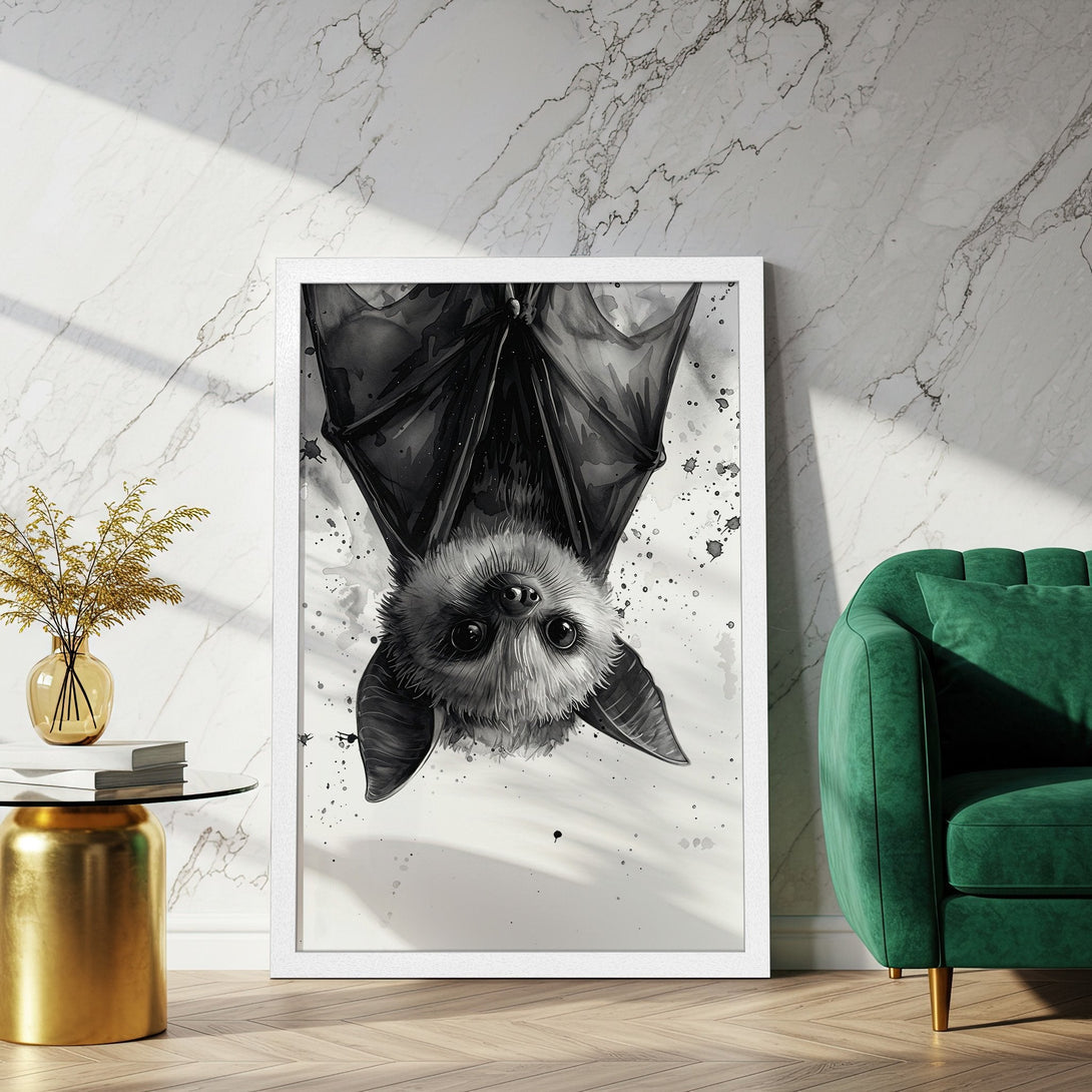 Framed Poster featuring a cute bat illustration in a watercolor style, monochromatic color palette. Perfect wall art for your home!