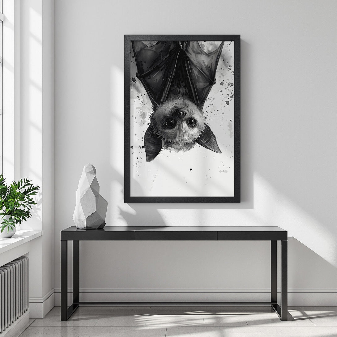 Framed Poster featuring a black and white watercolor bat illustration. Perfect for adding a touch of unique art to your home.