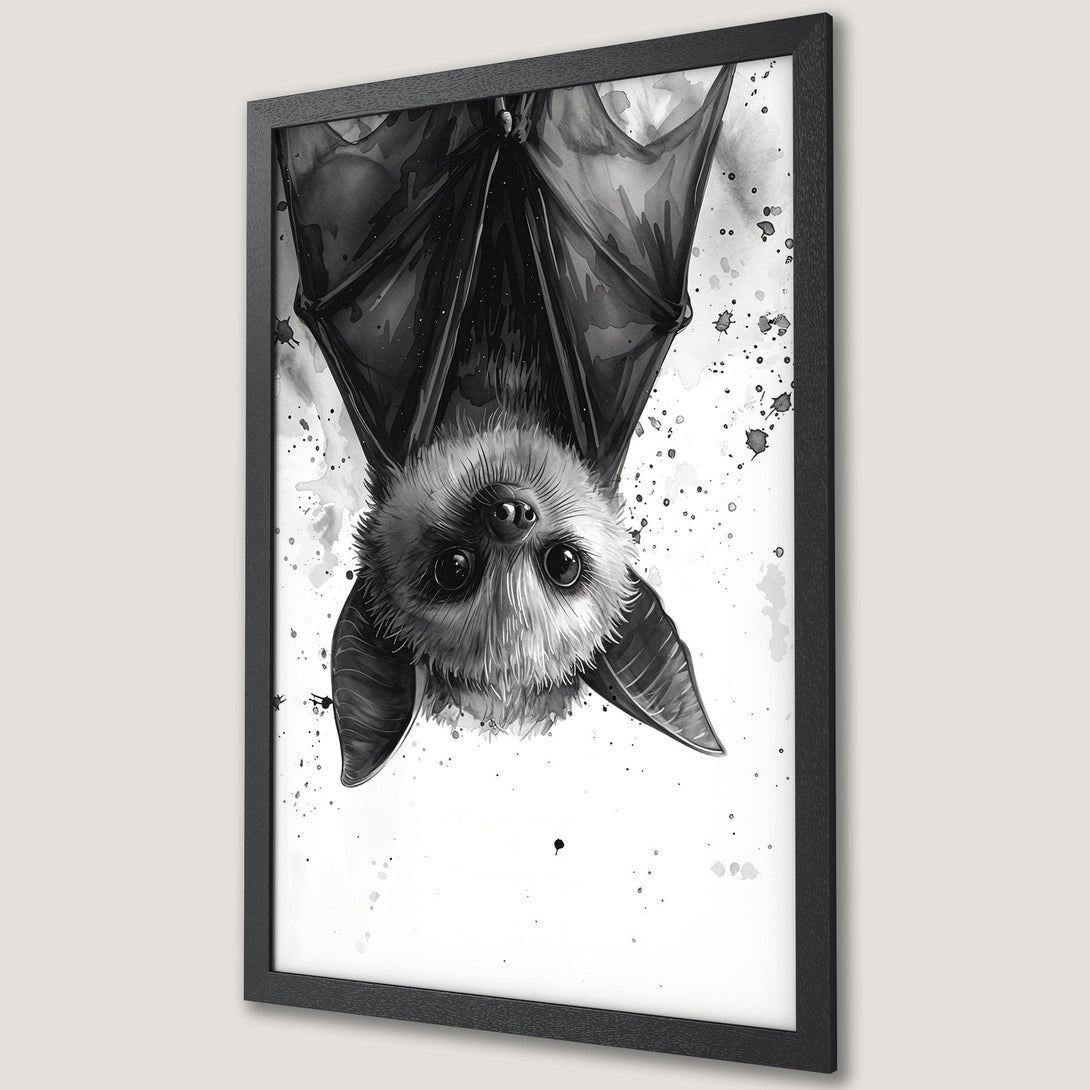 Framed Poster featuring a watercolor bat illustration in black and white. Unique wall art for your home!