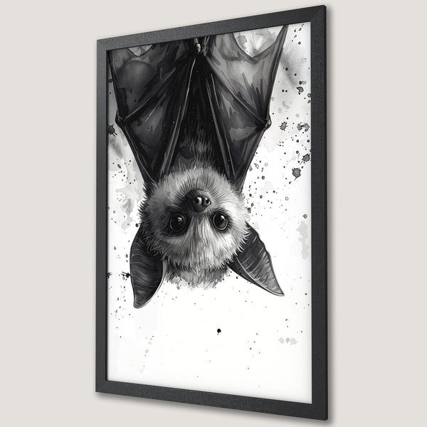 Framed Poster featuring a watercolor bat illustration in black and white. Unique wall art for your home!