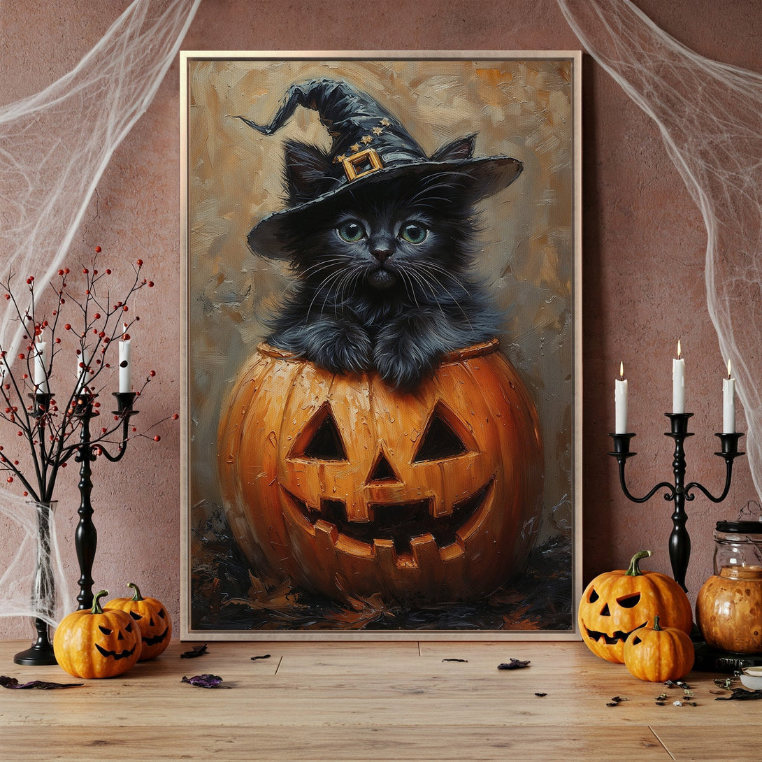 Framed Wall Art: Adorable black cat in witch hat inside a jack-o'-lantern, oil painting style, warm orange and brown color palette for Halloween decor.