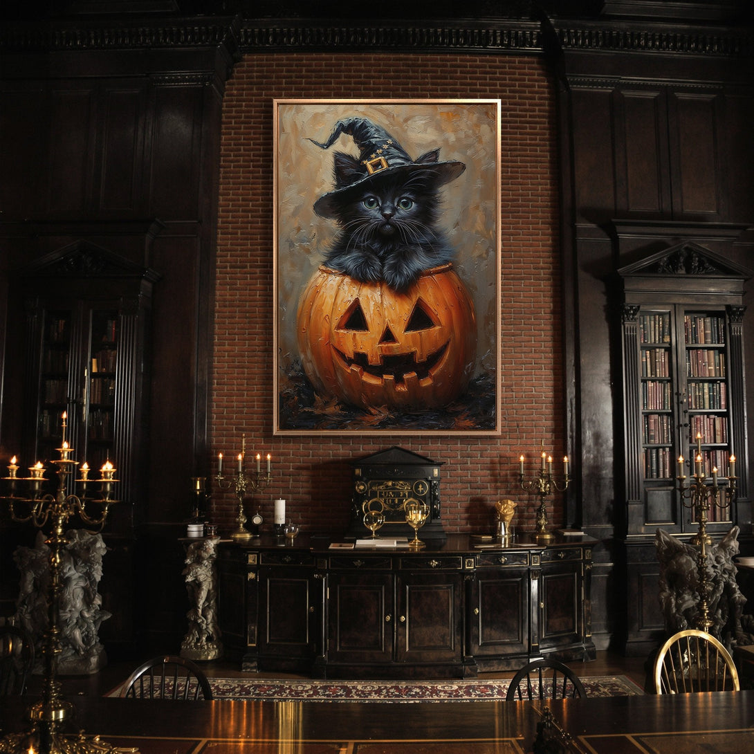 Framed Wall Art: Adorable black cat in a witch hat inside a pumpkin. Warm, autumnal color palette. Perfect Halloween decor!