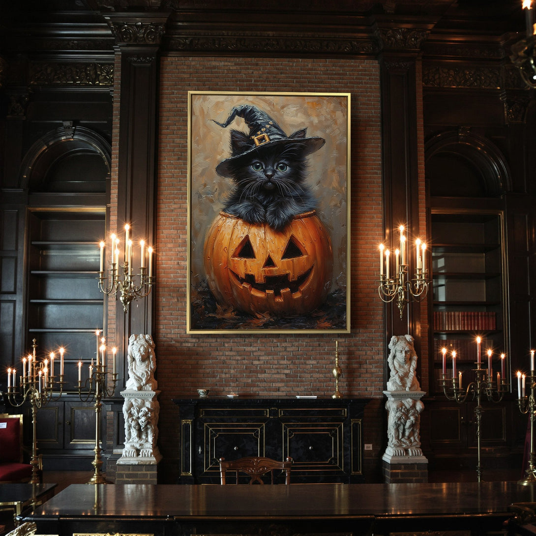 Canvas Print: Adorable black cat in a witch hat inside a pumpkin. Perfect Halloween wall art! Warm orange & black palette, whimsical style.