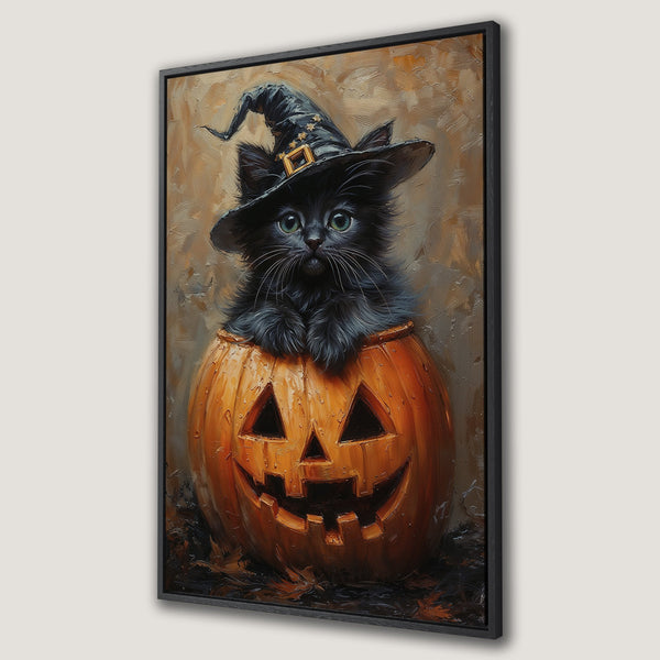Framed Wall Art: Adorable black cat in a witch hat inside a Halloween pumpkin. Oil painting style with orange, black, and brown color palette. Perfect spooky decor.
