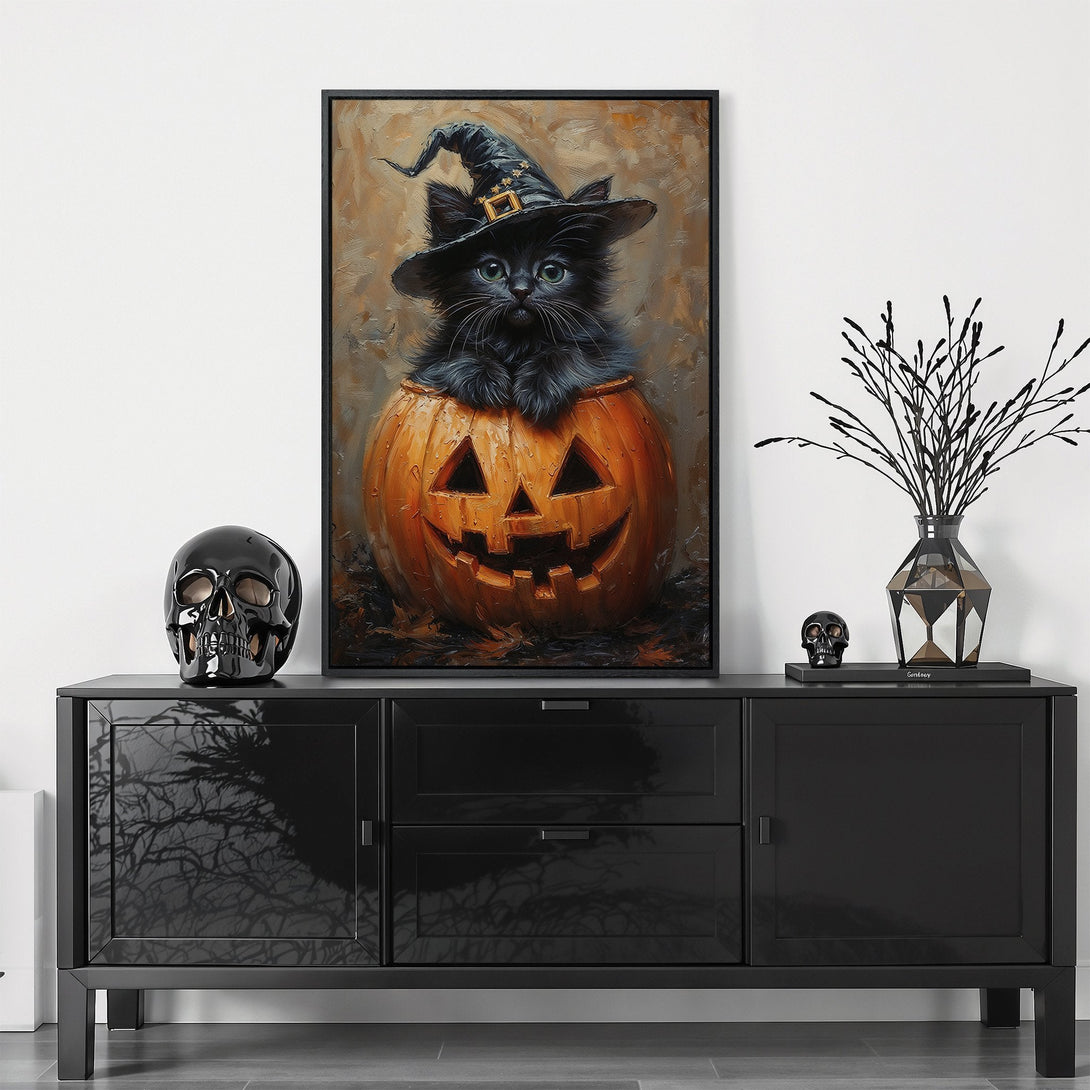Framed Wall Art: Spooky Halloween cat in a pumpkin. Oil painting style, featuring orange, black, and brown tones. Perfect for seasonal decor!