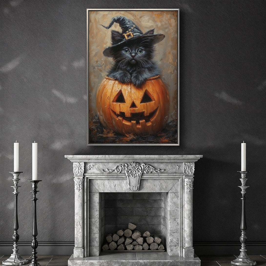 Framed Wall Art: Adorable black cat in witch hat inside a pumpkin. Halloween-themed art with warm orange and neutral color palette. Perfect for spooky season decor!