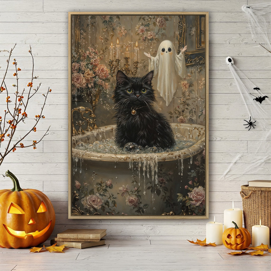 Framed Wall Art: Spooky Halloween scene with a black cat in a bathtub, a ghost, and floral wallpaper. Vintage style with a muted, warm color palette.