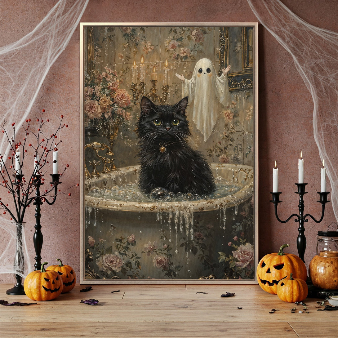 Framed Wall Art featuring a black cat in a bathtub with a ghost, vintage style, warm color palette perfect for Halloween decor.
