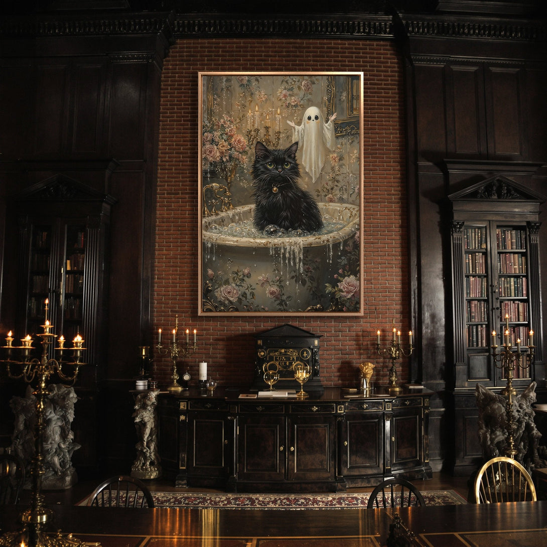 Framed Wall Art featuring a whimsical black cat & ghost in a vintage style, displayed in a dark, gothic interior. Rich, moody color palette.