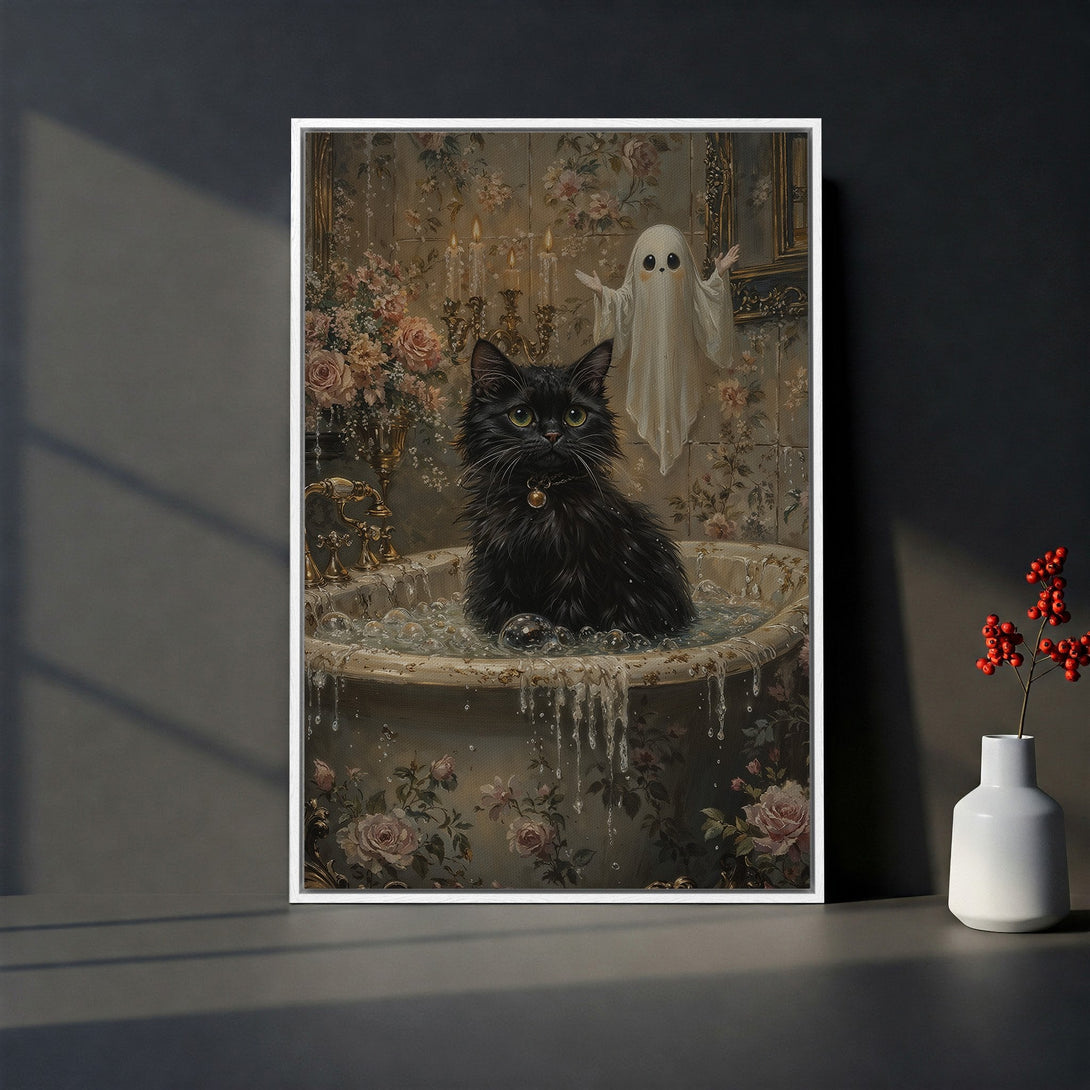 Framed Wall Art: Black cat in a vintage bathtub with a ghost, floral wallpaper, and a soft, muted color palette. Perfect for adding a touch of whimsy!
