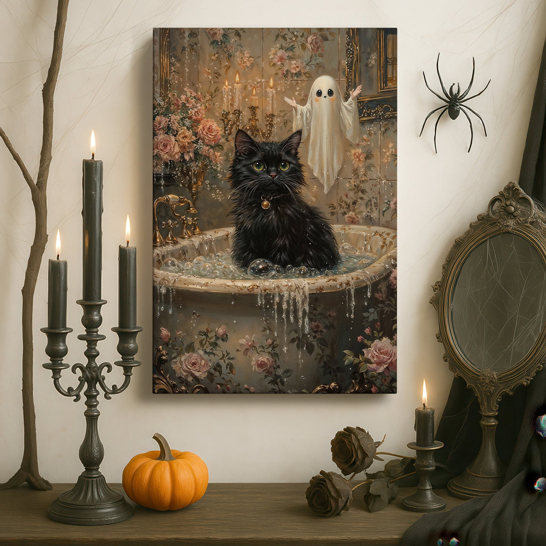 Framed Wall Art: Gothic-style painting of a black cat in a bathtub with a ghost, floral details, and a warm, moody color palette. Perfect for Halloween decor.