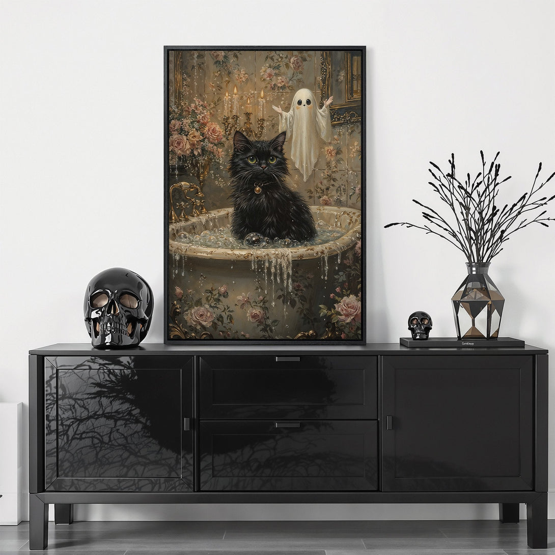 Framed Wall Art: Gothic-inspired black cat in a bathtub with a ghost, vintage style, warm color palette. Perfect for Halloween decor!