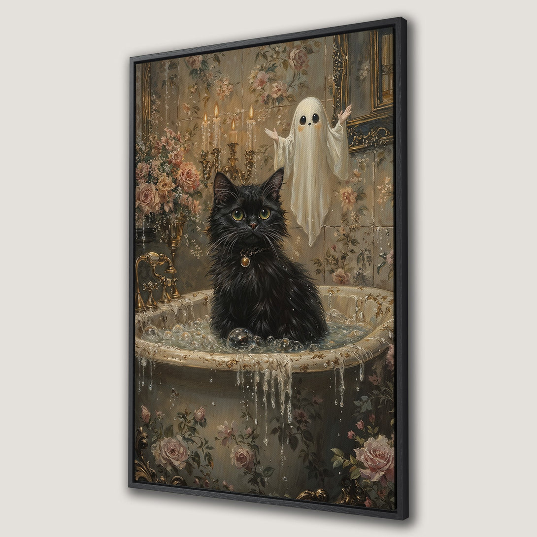 Framed Wall Art featuring a black cat in a bathtub with a ghost, vintage style. Soft, muted colors with floral and gold accents. Perfect for unique home decor.