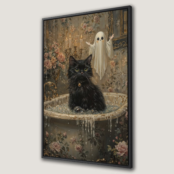 Framed Wall Art featuring a black cat in a bathtub with a ghost, vintage style. Soft, muted colors with floral and gold accents. Perfect for unique home decor.