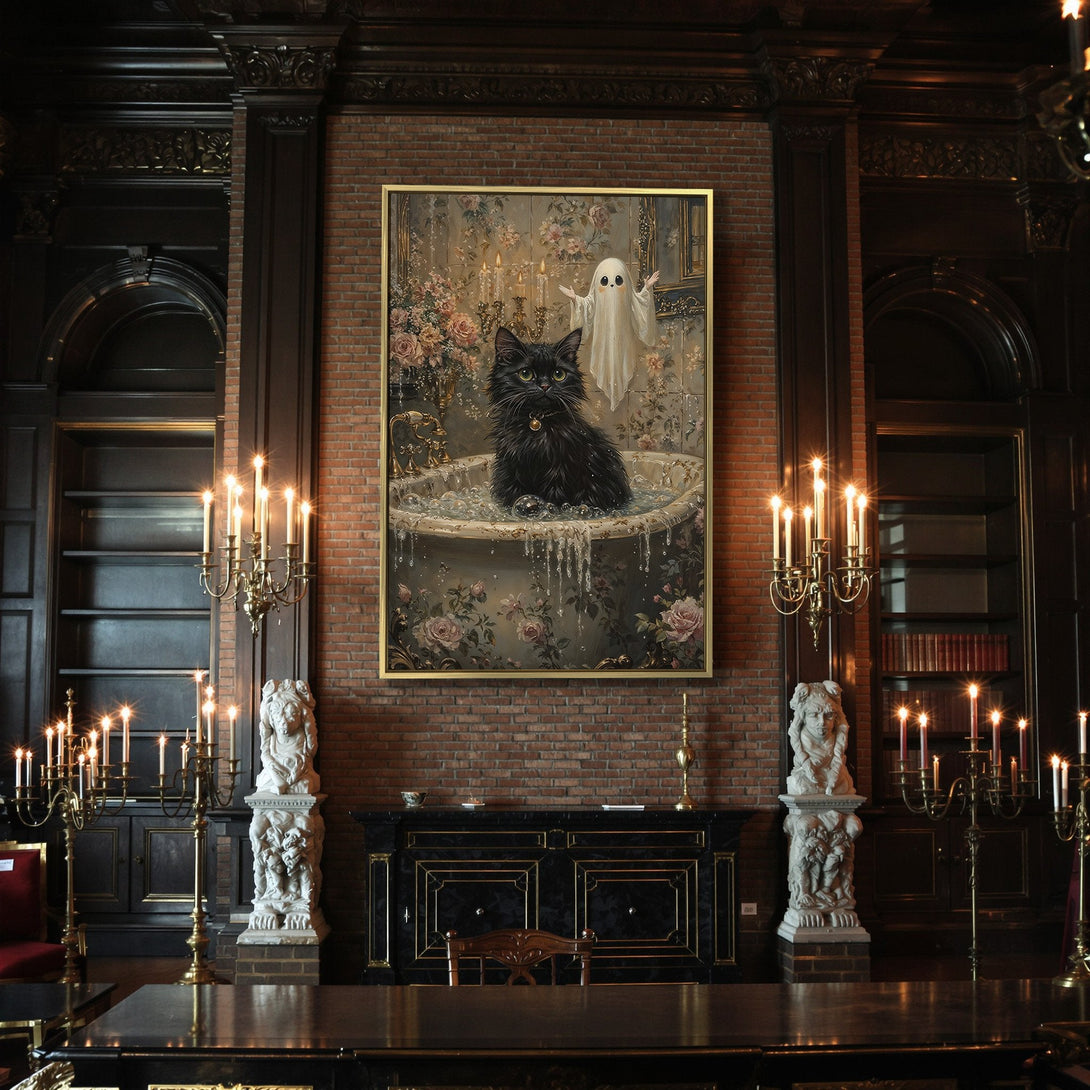 Canvas Print: Gothic black cat in a bathtub, vintage style with a spooky ghost. Warm, antique color palette perfect for Halloween decor.