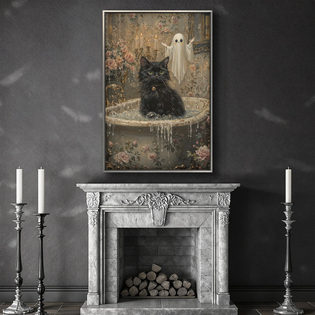 Framed Wall Art featuring a black cat in a bathtub with a ghost, vintage style, soft pink and cream palette. Perfect for Halloween decor!