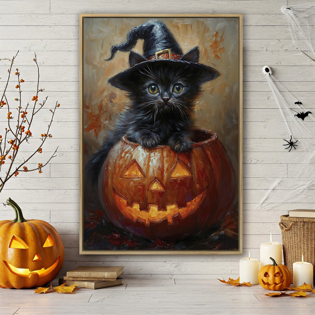 Framed Wall Art: Adorable black cat in a witch hat inside a carved pumpkin. Warm, autumnal color palette. Perfect Halloween decor!