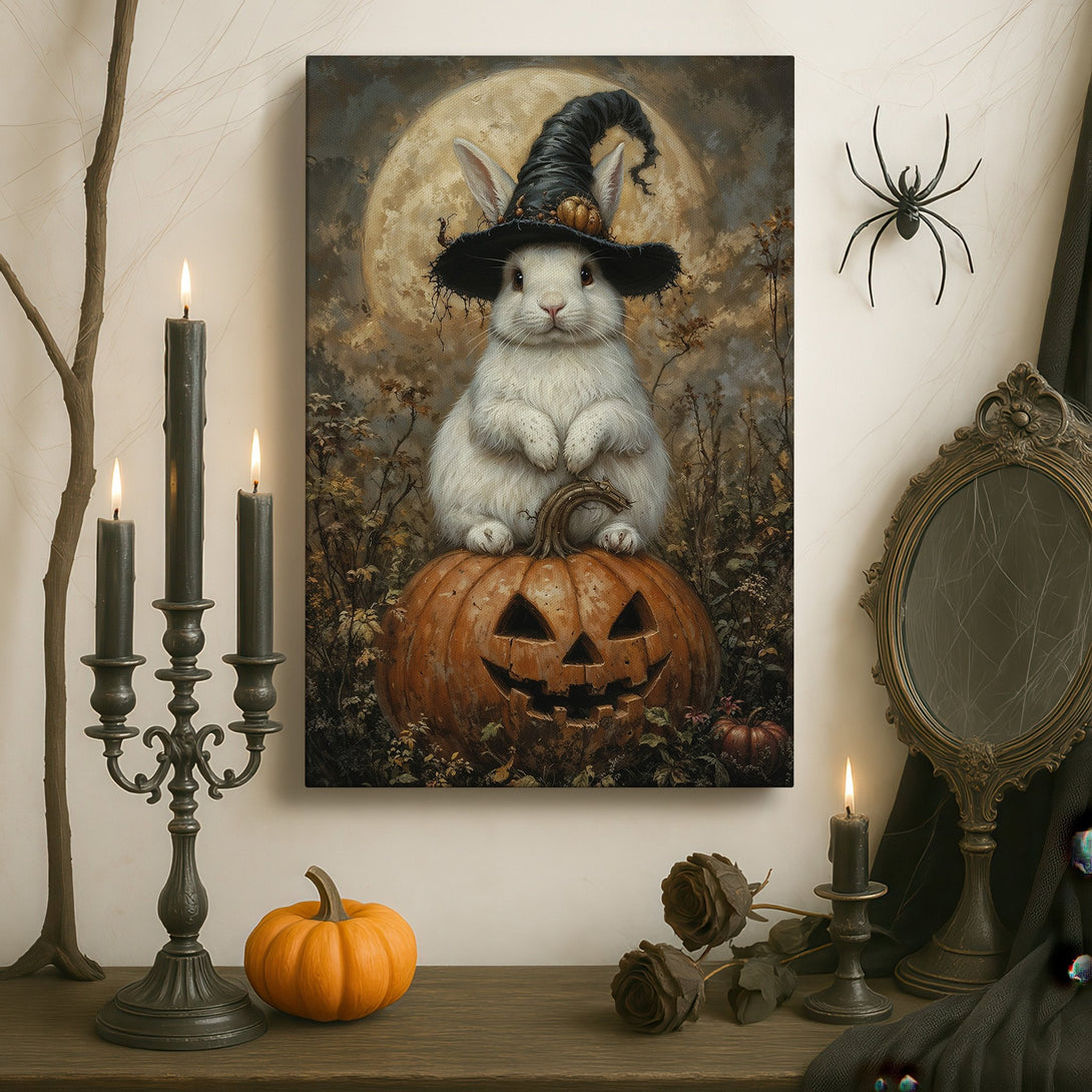 Framed Wall Art: Adorable Halloween bunny in a witch hat on a pumpkin. Warm, earthy tones with a touch of whimsy. Perfect for spooky season decor!