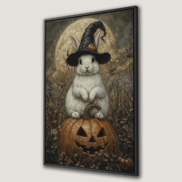 Framed Wall Art: Adorable Halloween bunny wearing a witch hat on a pumpkin, vintage style. Earthy tones create a spooky, cozy vibe. Perfect for fall decor!
