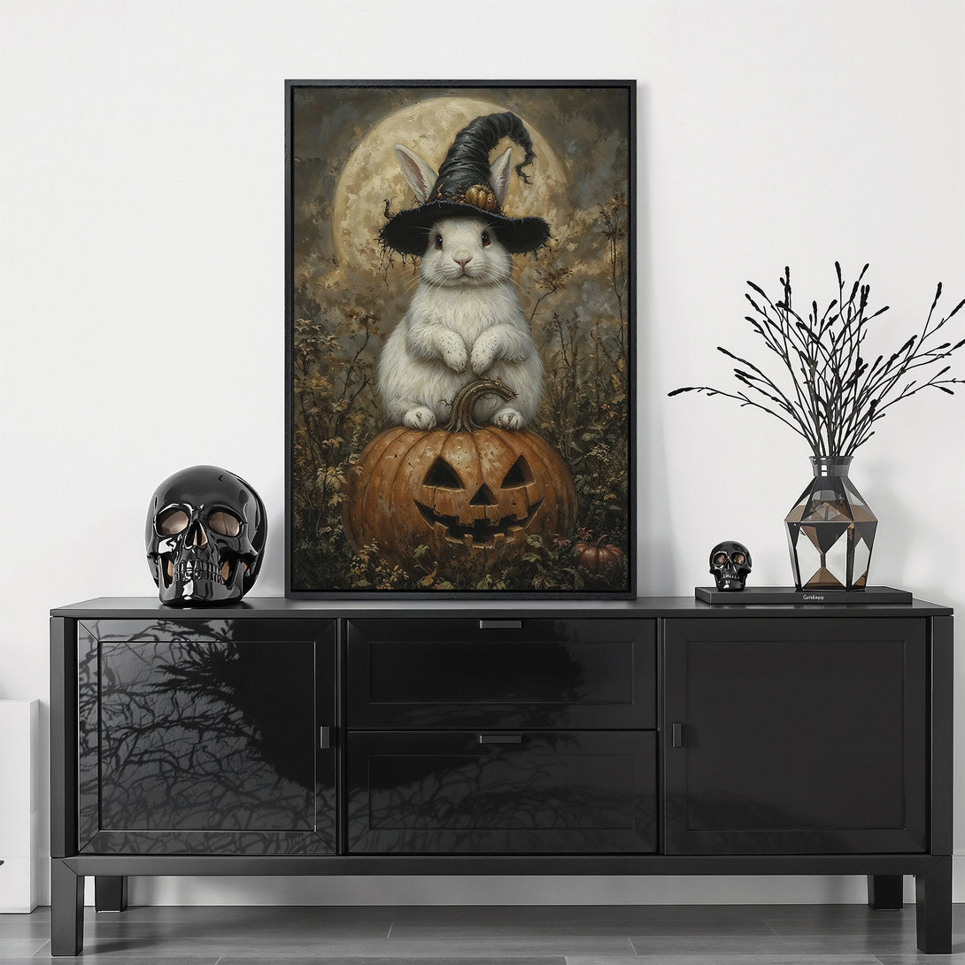 Framed Wall Art: Whimsical Halloween bunny in a witch hat on a pumpkin. Vintage style, warm neutral color palette. Perfect for fall decor!