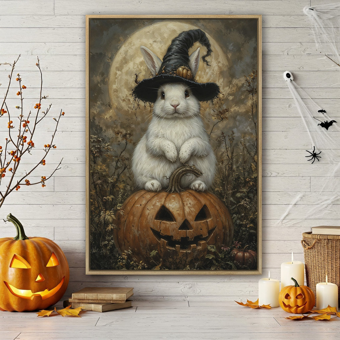 Framed Wall Art: Whimsical Halloween scene featuring a rabbit in a witch hat on a pumpkin, painted in a vintage style with warm, earthy tones.