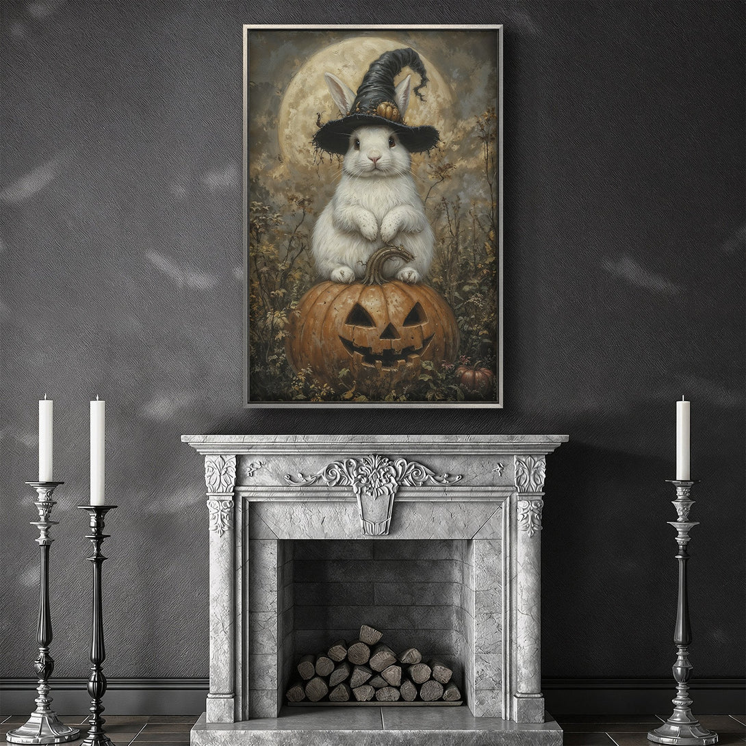 Framed Wall Art: Halloween bunny wearing a witch hat on a pumpkin, set against a moonlit background. Warm, autumnal color palette. Perfect for spooky decor!