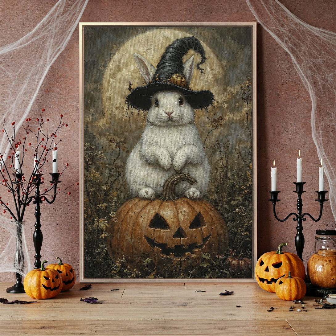 Framed Wall Art: Whimsical Halloween bunny wearing a witch hat, sitting on a jack-o'-lantern. Vintage style, warm earth tones. Perfect spooky decor!