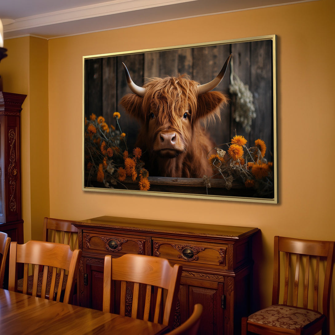 Canvas Print of a Highland cow with orange flowers. Rustic style, warm brown and beige color palette. Perfect farmhouse wall art.