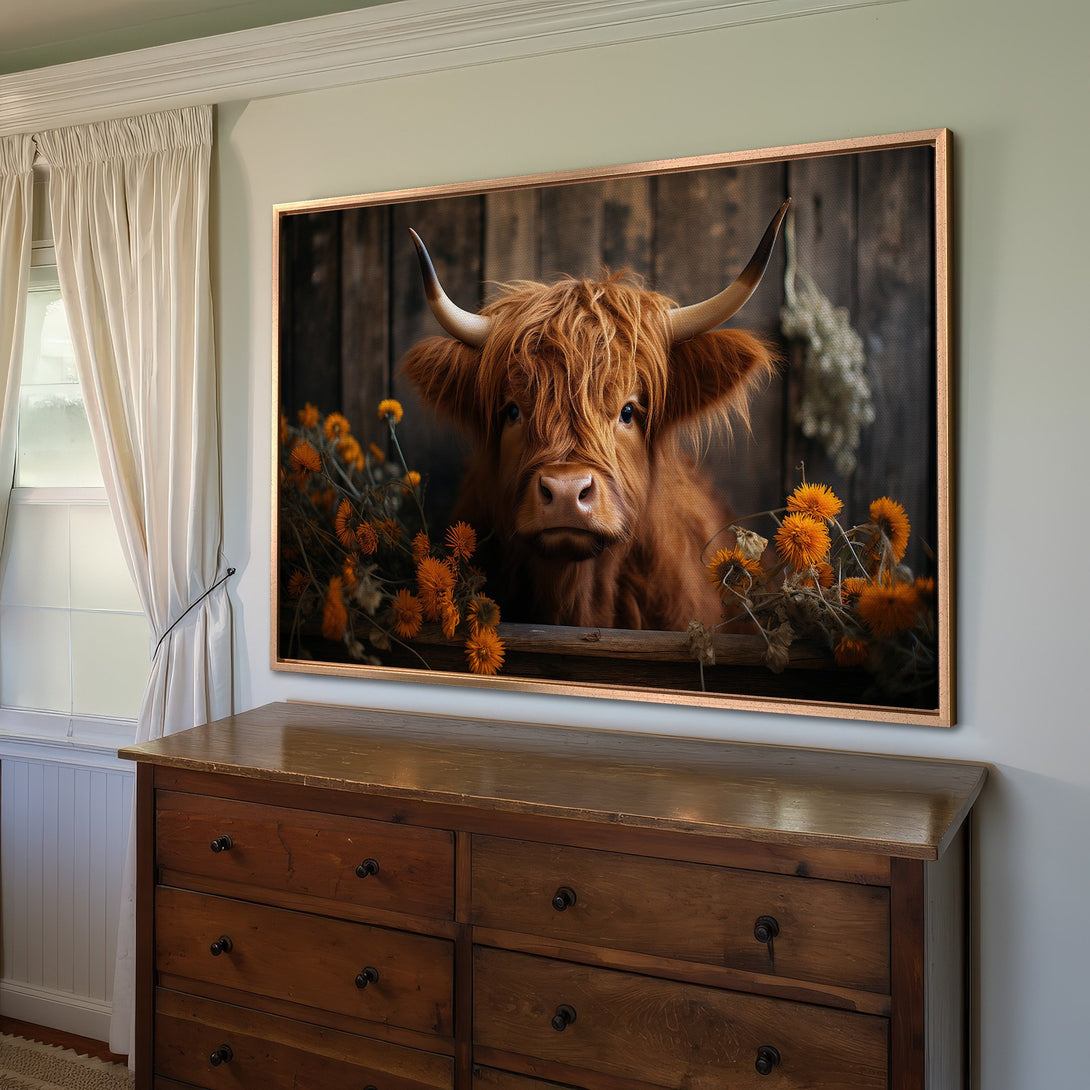 Framed Wall Art: Highland cow portrait in warm tones. Rustic style canvas print with brown, orange, and neutral color palette. Perfect farmhouse decor.