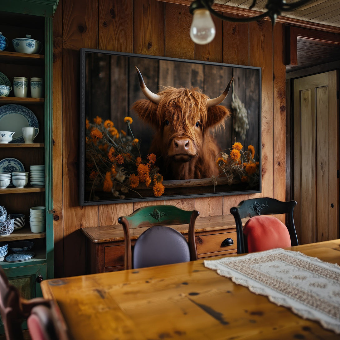 Framed Wall Art: Rustic Highland cow portrait in warm tones. Perfect farmhouse decor! Bring the beauty of nature into your home.